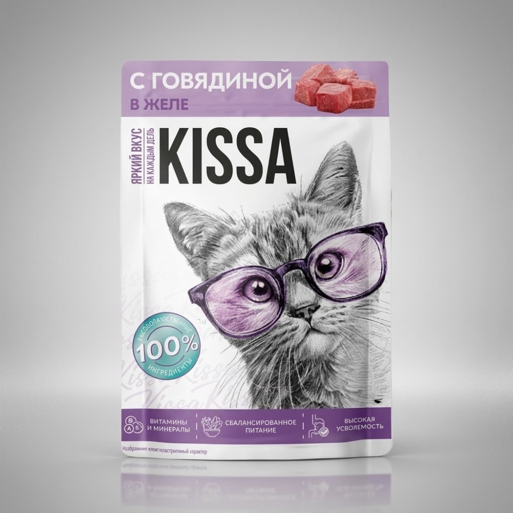 Корм для кошек с Говядиной в соусе ТМ "Kissa" полнорационный (пауч-пакет) 75г*28шт