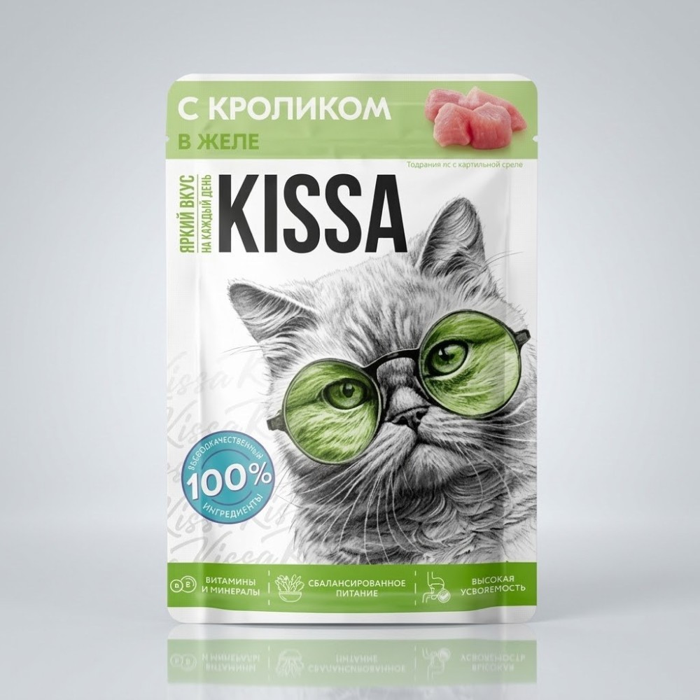 Корм для кошек с Кроликом в соусе ТМ "Kissa" полнорационный (пауч-пакет) 75г*28шт