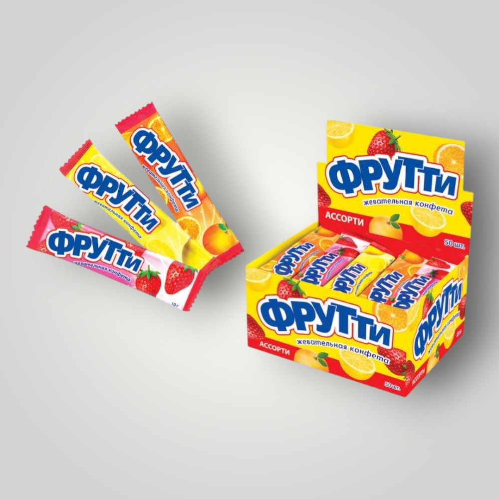 Жевательная конфета "Фрутти" с ароматом апельсина,  клубники,  лимона 50*10г