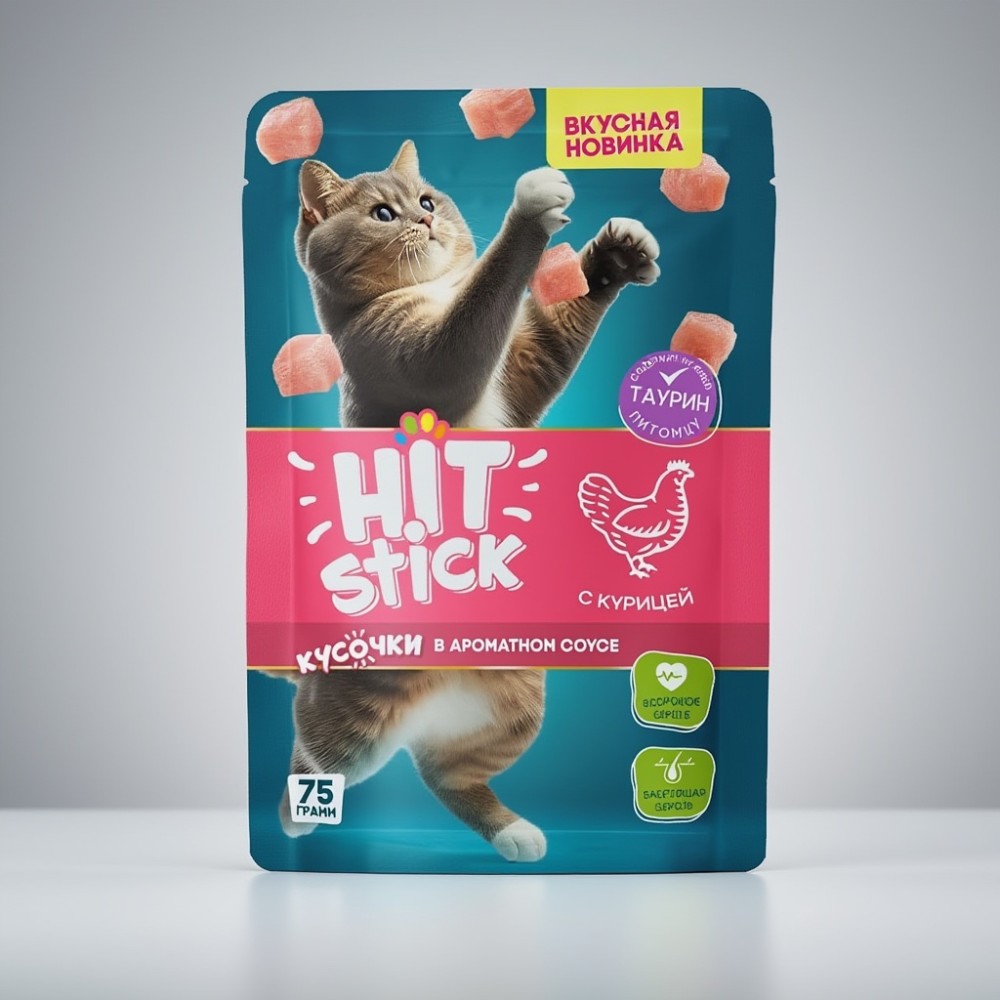 Корм для кошек с Курицей в соусе ТМ "Hitstick" полнорационный (пауч-пакет) 75г*28шт